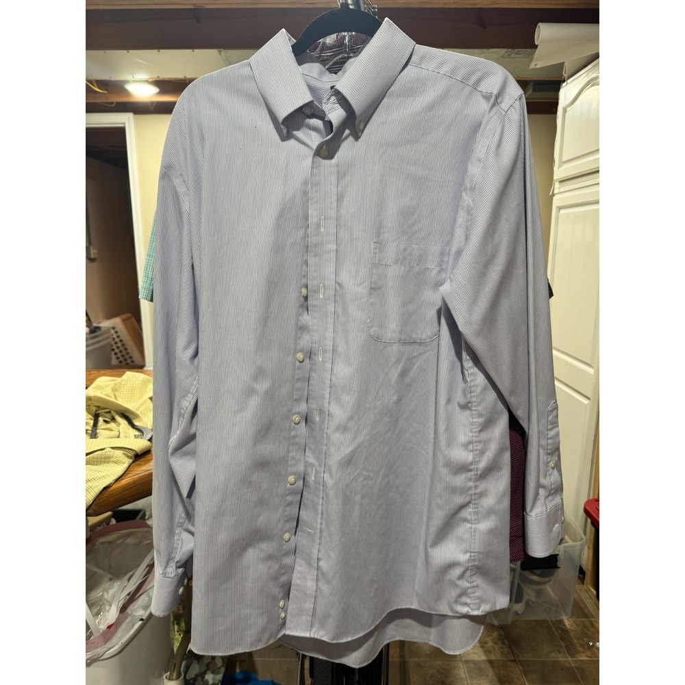 Stafford Travel Performance Mens Blue White Stripe Button Down Shirt Regular Fit
